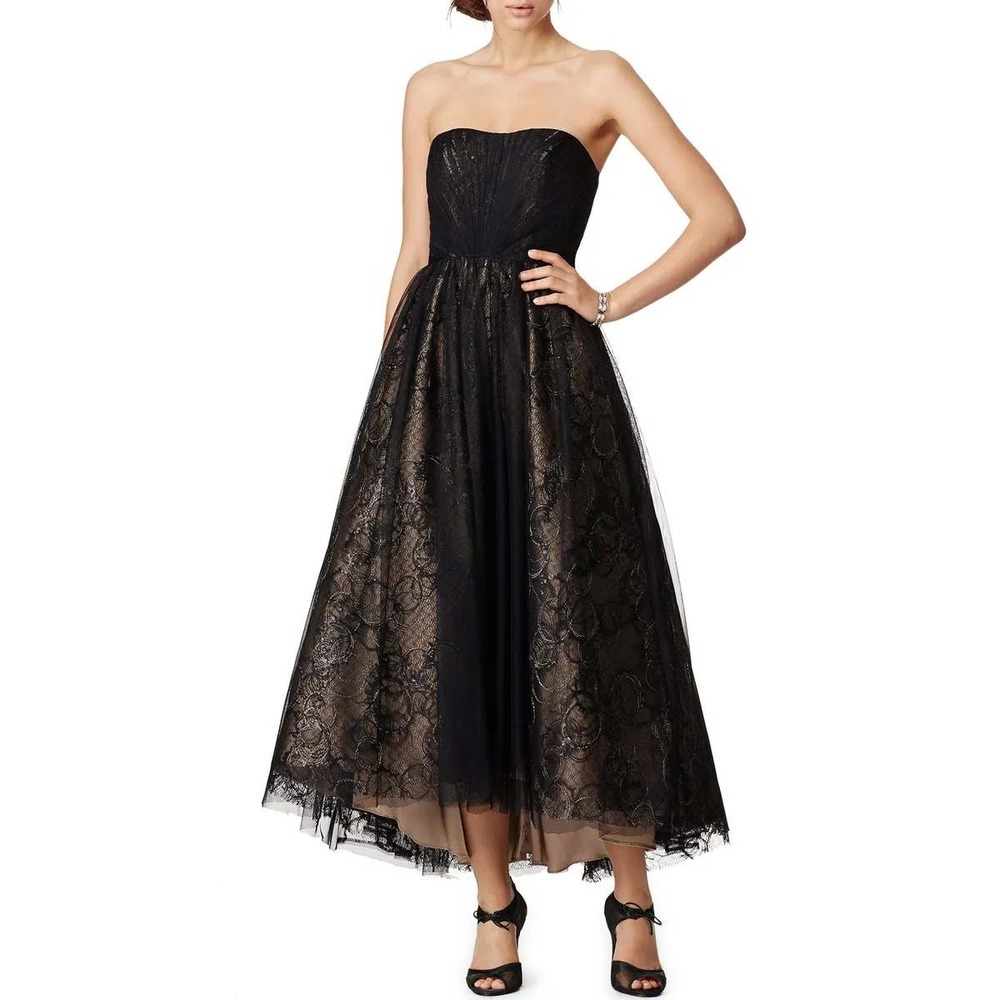 ML Monique Lhuillier Cynthia Dress Black Gold Lace Strapless High Low Gown 4